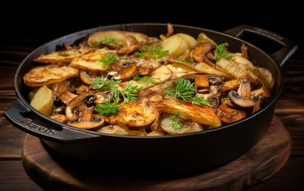 sartén con patatas en rodajas y setas