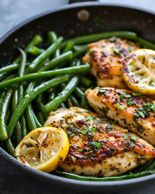 Sartén de pollo y judías verdes con mantequilla de ajo y limón