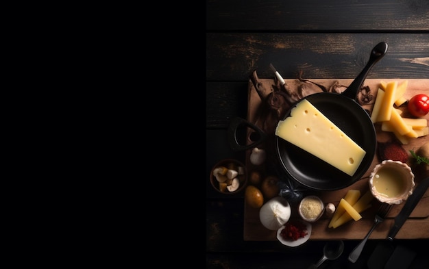 Foto una sartén de queso con una sartén negra y una mesa de madera con fondo negro.