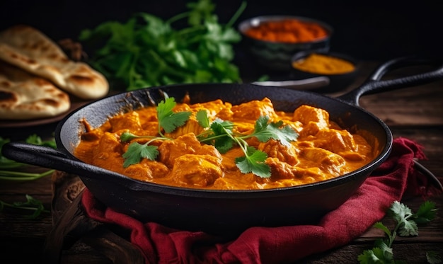 Sartén rellena de pollo al curry y adornada con cilantro AI generativa