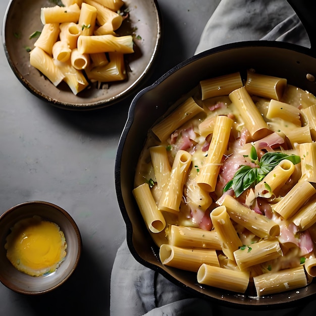 una sartén con rigatoni carbonara que se salta generada por IA