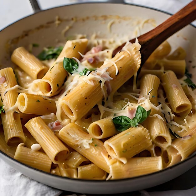 una sartén con rigatoni carbonara que se salta generada por IA