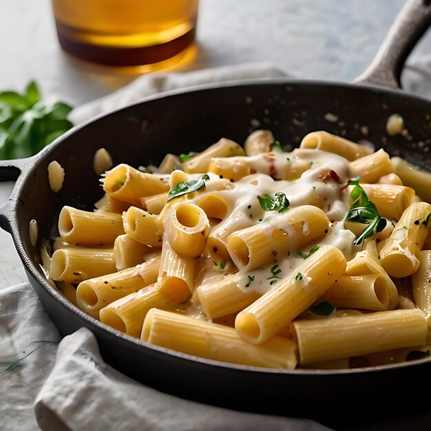 una sartén con rigatoni carbonara que se salta generada por IA