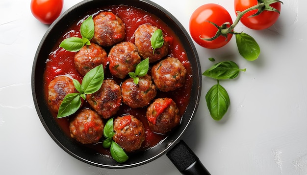 sartén de sabrosas bolas de carne con salsa de tomate y albahaca sobre un fondo blanco