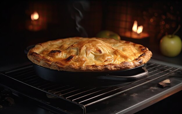 sartén con sabroso pastel de manzana horneado dentro del horno foto de comida profesional ai generado
