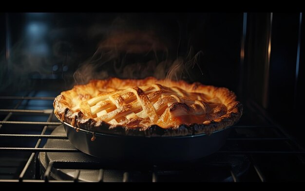 sartén con sabroso pastel de manzana horneado dentro del horno foto de comida profesional ai generado