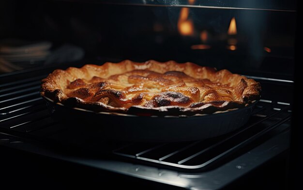 sartén con sabroso pastel de manzana horneado dentro del horno foto de comida profesional ai generado