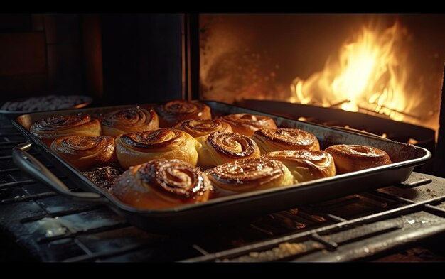 sartén con sabrosos rollos de canela horneados dentro del horno foto de comida profesional ai generada