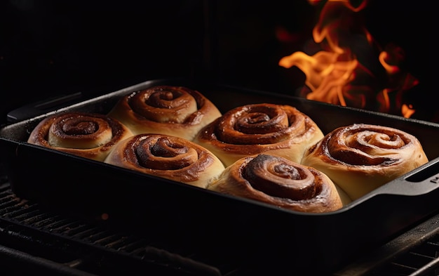 sartén con sabrosos rollos de canela horneados dentro del horno foto de comida profesional ai generada