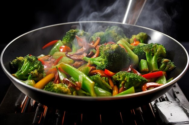 Foto una sartén de zanahorias de brócoli y apio cocinando en una estufa