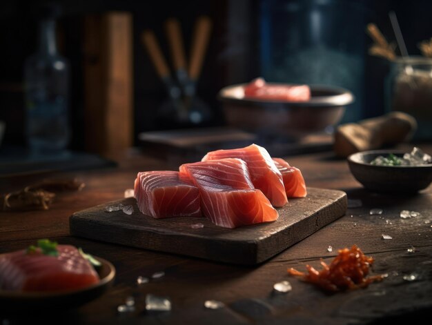 Sashimi en una cocina rústica Fotografía de comida