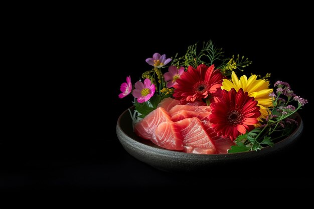 Sashimi de atum com flores no prato Vista lateral de fundo de cor preta Espaço para texto
