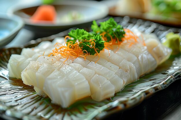 Sashimi de lulas recém-preparado adornado com caviar e ervas em prato elegante com acompanhamentos