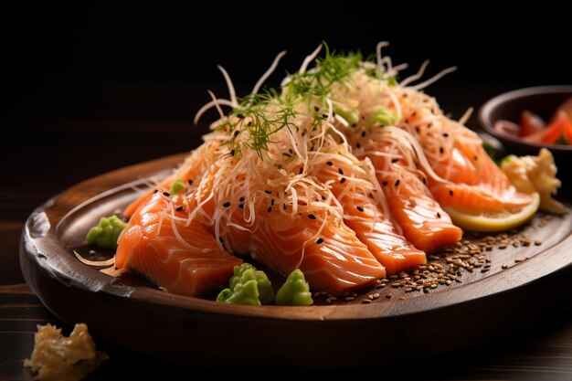 Sashimi de salmão com molho de soja e wasabi ralado em mesa de madeira Generative AI
