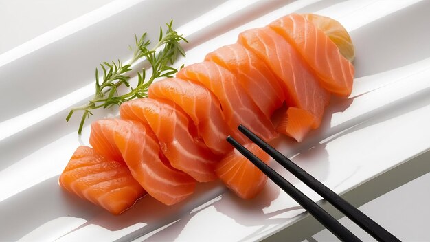 Foto sashimi de salmão cru com pauzinhos sobre um fundo branco