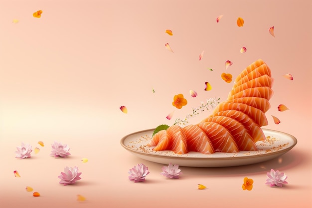 Sashimi de salmão no prato com belas flores fundo de cor de pêssego