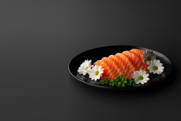 Sashimi de salmão no prato com belas flores fundo de cor preta