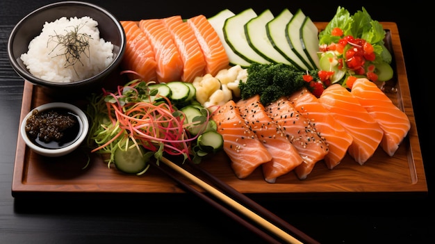 Sashimi-Lachsplatte mit klebrigem Sushi-Reis-Edamer