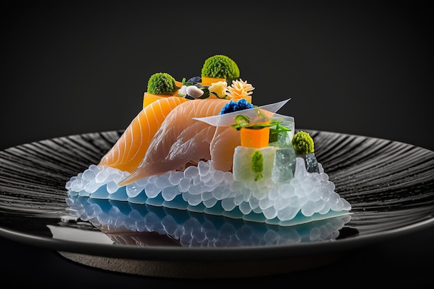 Sashimi en rodajas finas servido sobre una cama de hielo fresco IA generativa