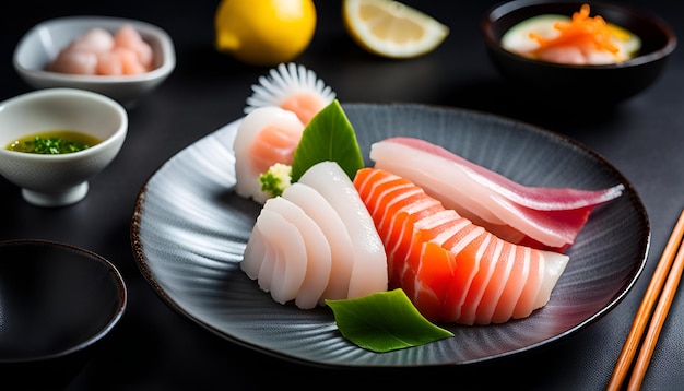 Sashimi sushi con vieiras en la concha con daikon y limón en el plato sobre fondo oscuro