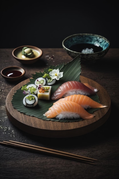 Sashimi- und Nigiri-Sushi-Set auf Holztisch Illustrator AI Generative