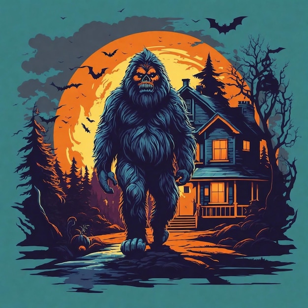 Foto sasquatch caminando en la aterradora noche de luna de halloween 1