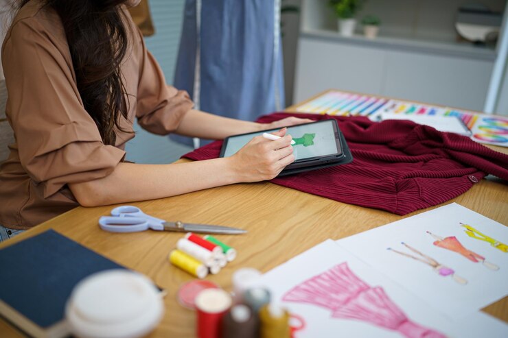 Foto sastre mujer que trabaja en la tienda de sastre elegante diseñador de moda sastre en el estudio de taller diseñando nueva colección confección de vestidos y colección creativexafashion