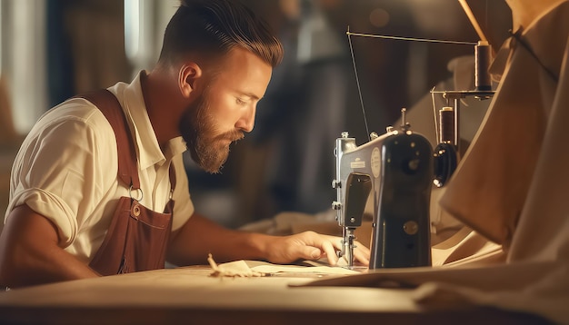 El sastre en el taller en la máquina de coser