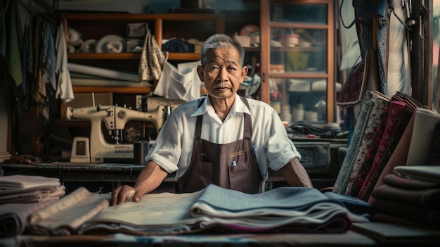 Foto el sastre trabaja en el taller para personalizar y coser una tela.