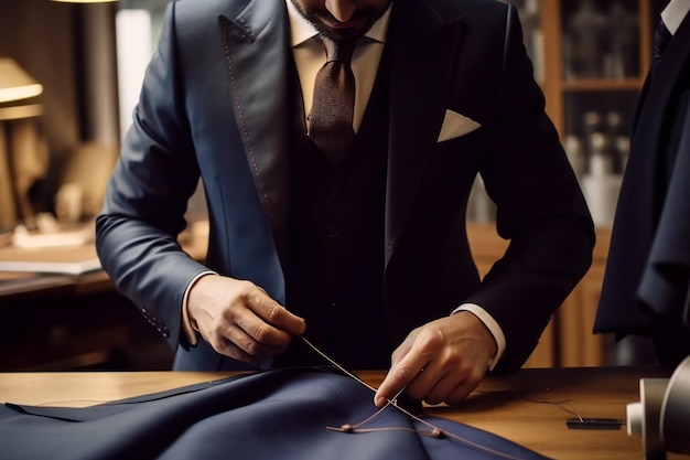 Un sastre de trajes masculinos haciendo ajustes a un nuevo traje