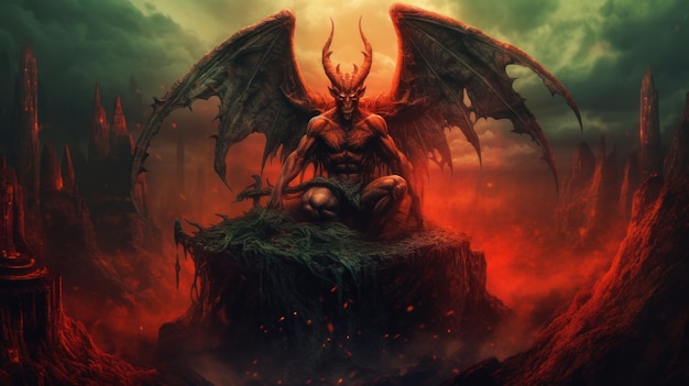 Satan sitzt in der Hölle auf dem Thron