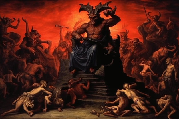 Satanás está en el infierno demonio religioso fuego del diablo la vida después de la muerte de los pecadores AI generado modelo de bandera de encabezado