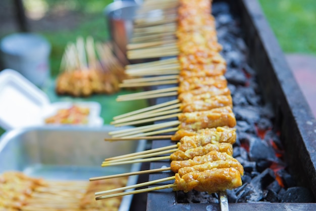 Satay de cerdo caliente, a la parrilla en la barbacoa.