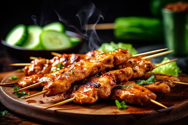 Satay de frango servido com molho de amendoim picante na bandeja closeup shoot AI gerado