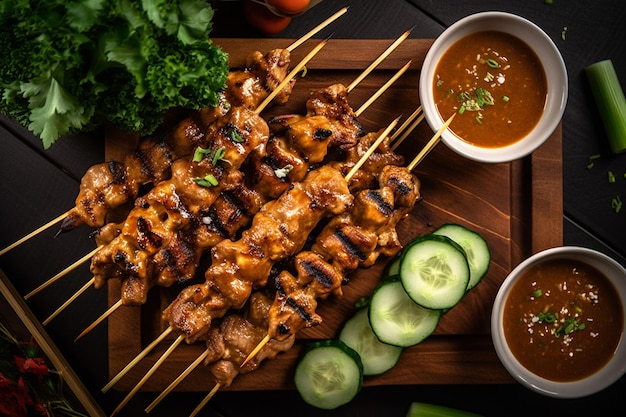 Satay de frango servido com molho picante de amendoim na bandeja Flat Lay shot criado com Generative AI