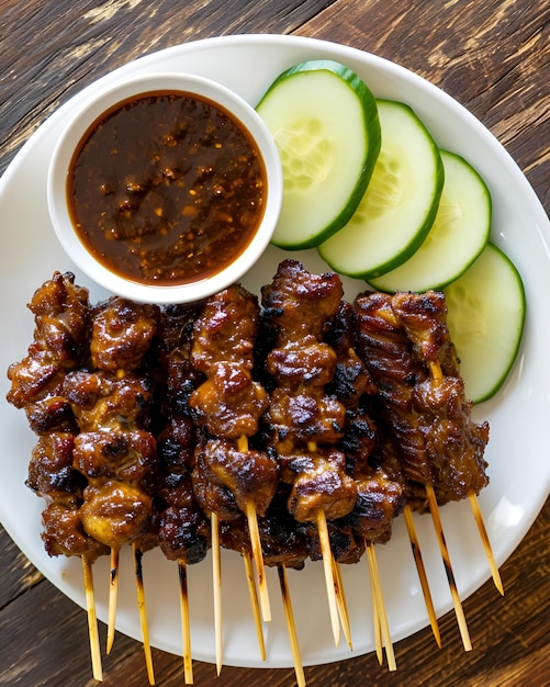 Foto satay en un plato blanco con pepino y un pequeño cuenco que contiene salsa colocado en una mesa de roble