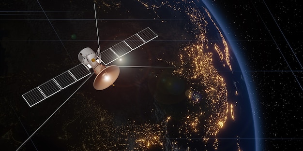 Foto satélite de comunicación flotando en el espacio con un globo de fondo transmitiendo vía satélite