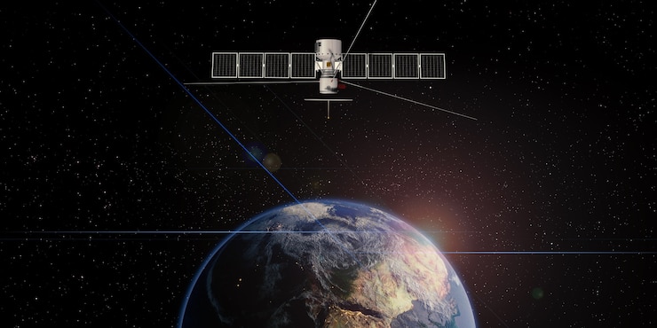 Foto satélite de comunicação flutuando no espaço com um globo ao fundo transmitindo via satélite