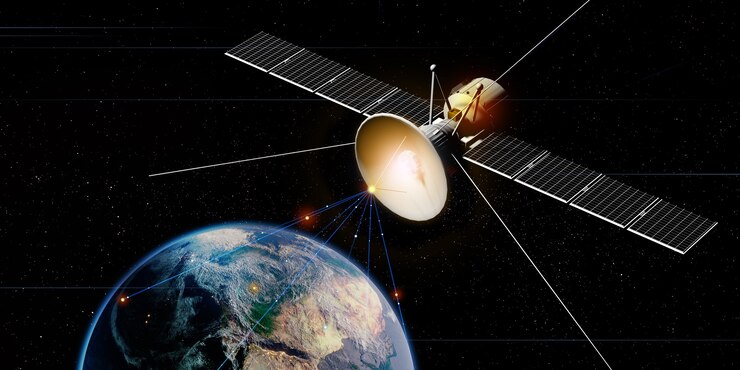 Foto satélite de comunicação flutuando no espaço com um globo ao fundo transmitindo via satélite