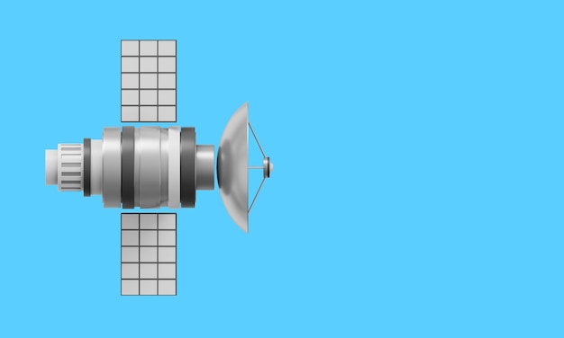 Satélite espacial con una antena Investigación de inteligencia de la estación de comunicación orbital Representación 3D Icono metálico realista sobre fondo de color con espacio para texto