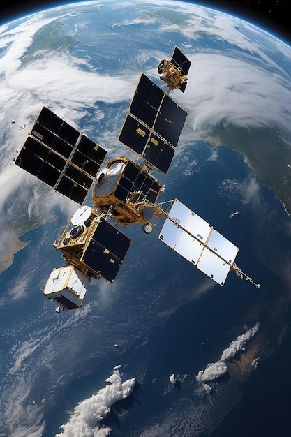 Foto un satélite geoestacionario flota por encima de la tierra
