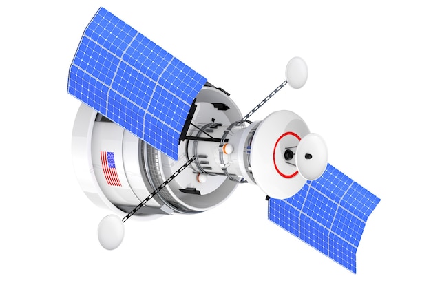 Satélite de navegación global del mundo moderno sobre un fondo blanco. Representación 3D