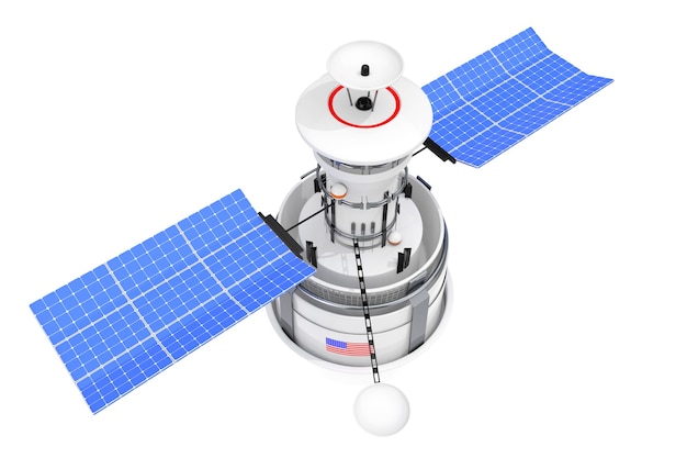 Satélite de navegación global del mundo moderno sobre un fondo blanco. Representación 3D