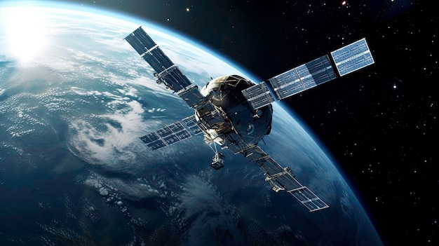 Un satélite en órbita alrededor de la Tierra Una imagen de tecnología espacial generada por IA