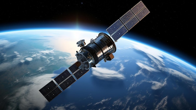 Un satélite en órbita con el planeta Tierra en el fondo