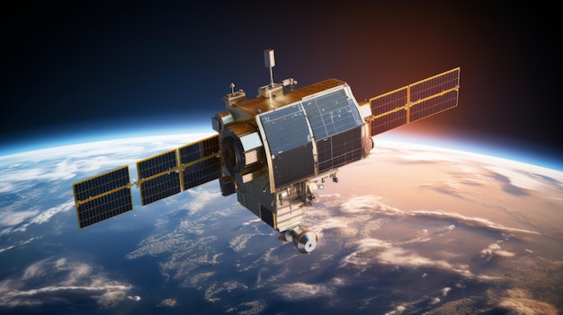 Foto satélite de telecomunicaciones futurista con datos holográficos en órbita terrestre para servicios de gps en línea