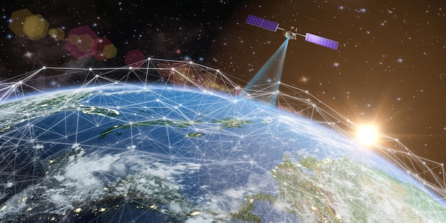 El satélite transmite una señal a la tierra contra el fondo del sol y los objetos hud. Representación 3D. Elementos de esta imagen proporcionados por la NASA.