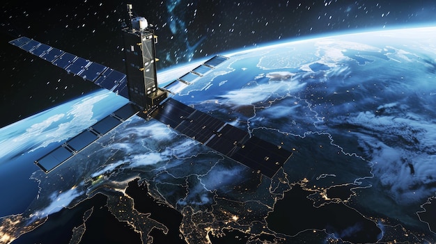 Satellit umkreist die Erde und beleuchtet den Weltraum mit einem technologischen Wunder auf der Weltkarte