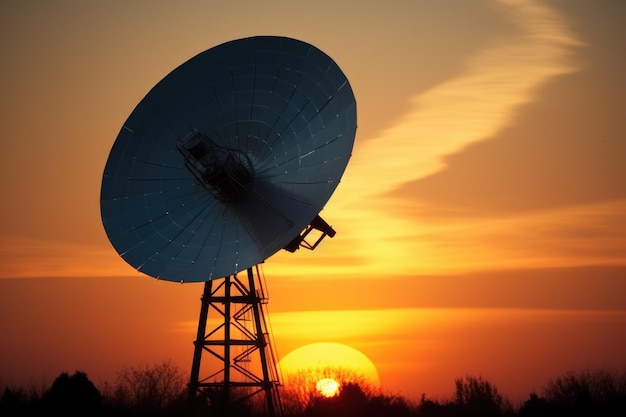 Satellitenschüssel im Silhouett gegen den Sonnenuntergang