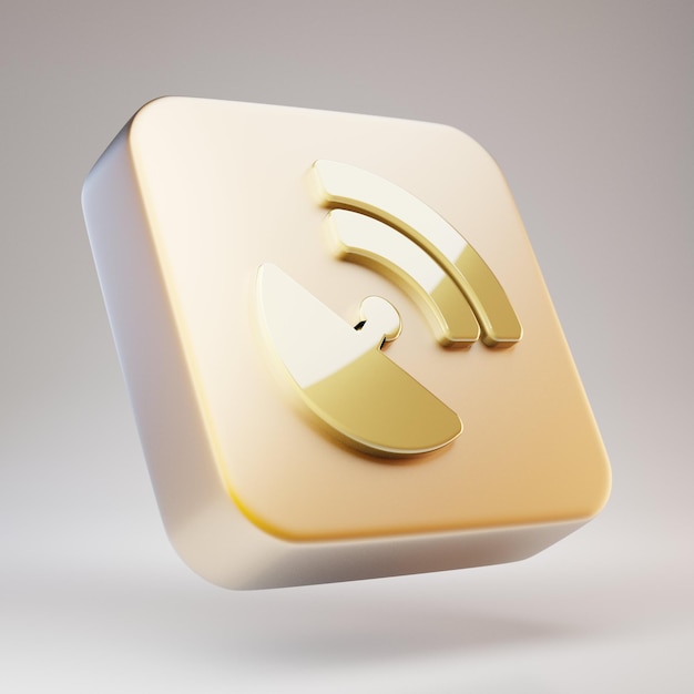 Satellitenschüssel-Symbol. Goldenes Satellitenschüsselsymbol auf mattgoldener Platte. 3D-gerendertes Social Media-Symbol.